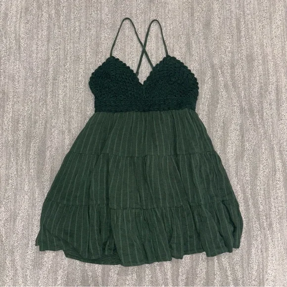 NWT Aerie Green Tiered Mini Dress Crochet Bodice V-Neck Boho Women’s Sz XXS - Picture 5 of 9